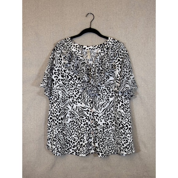 Perception Women Tops - Perception Women 3X Animal Print Ruffle V-Neck Blouse Black White Flutter Sleeve